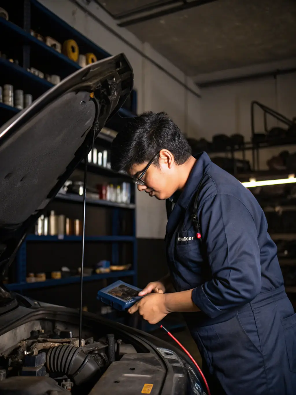 A close-up shot of a mechanic using diagnostic tools to troubleshoot an electrical issue in a car's engine bay at A&A Auto Services.