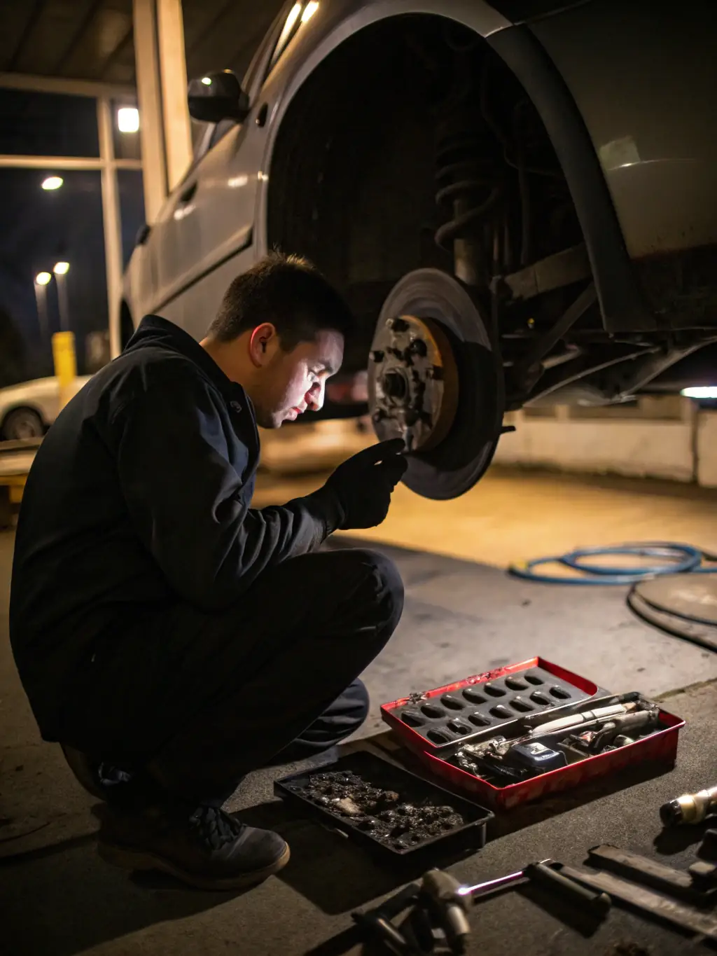 A close-up of a mechanic inspecting brake pads, ensuring they meet safety standards.