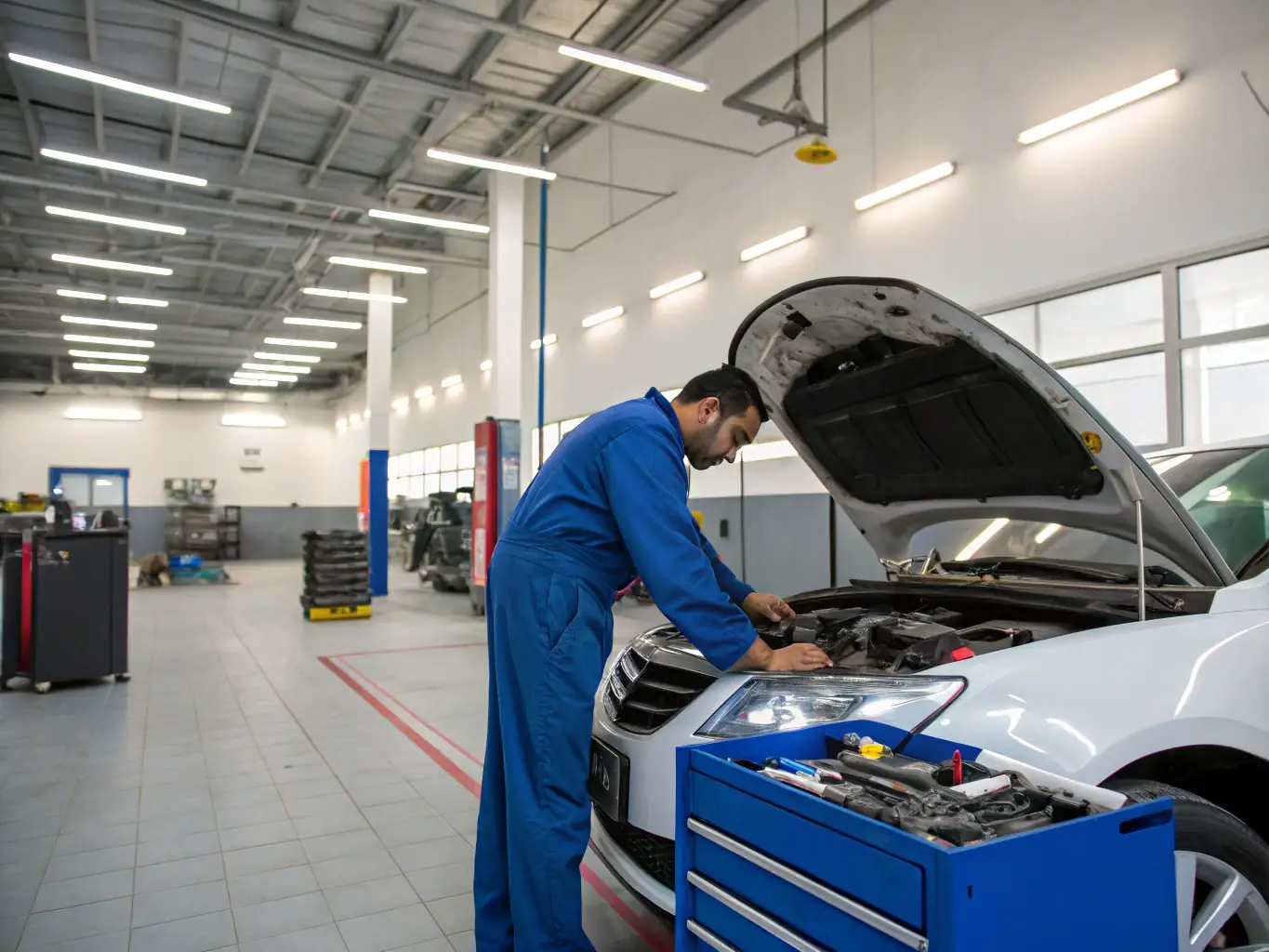 A mechanic performing routine maintenance on a car in the shop, ensuring all components are checked and serviced meticulously.