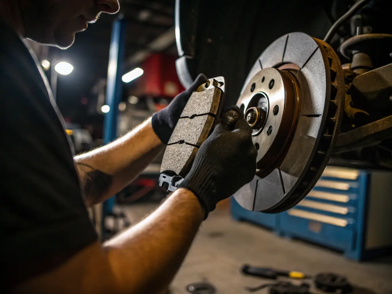 A close-up of a mechanic inspecting brake pads, highlighting the attention to detail in ensuring brake safety.