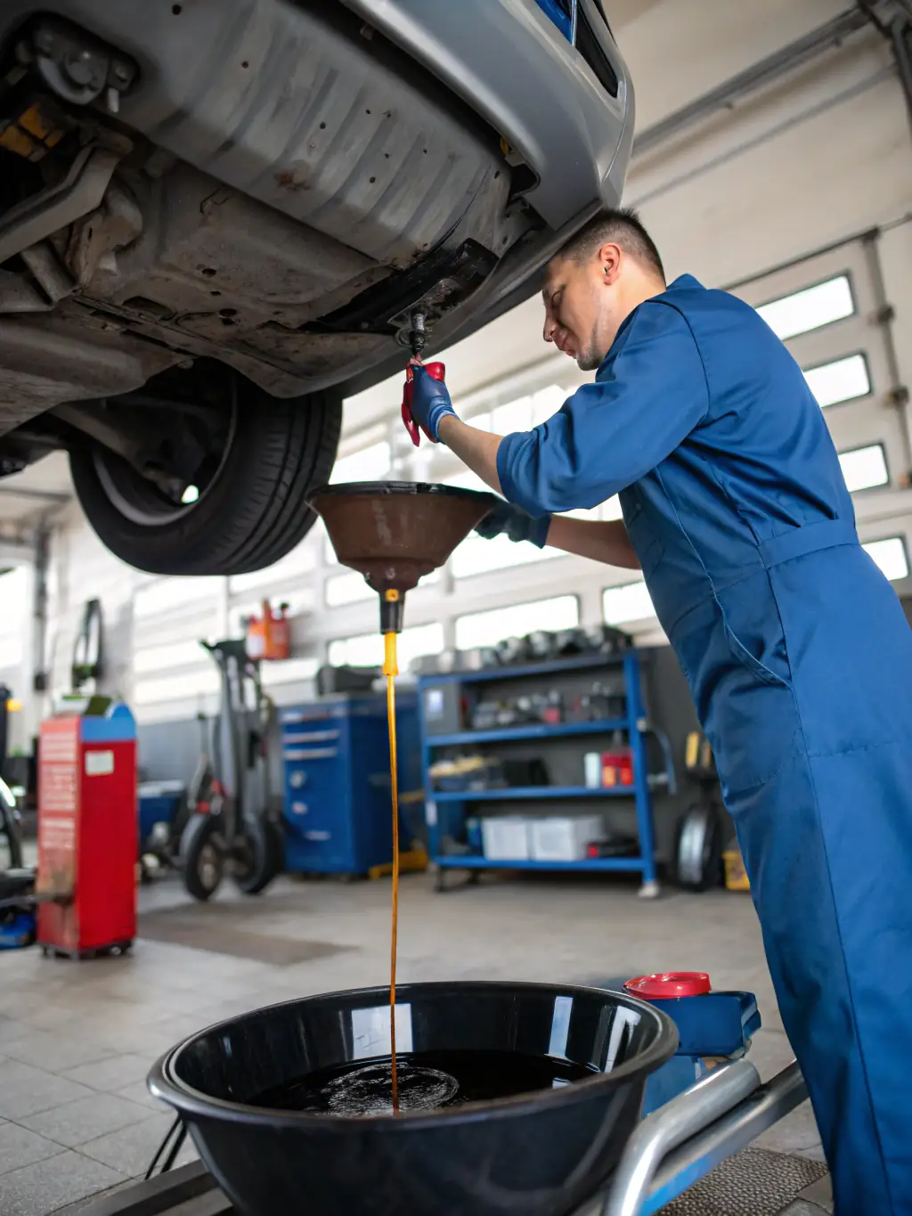A mechanic performing an oil change on a car, emphasizing the routine maintenance services provided by A&A Auto Services.